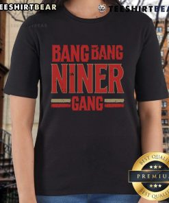 Top Distress Football Bang Bang Niner Gang Ladies Tee featuring a stylish design for passionate fans.