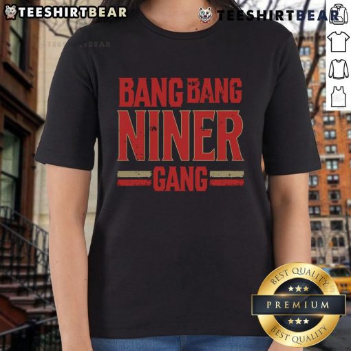 Top Distress Football Bang Bang Niner Gang Ladies Tee featuring a stylish design for passionate fans.