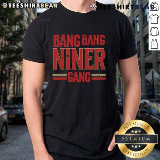 Top Distress Football Bang Bang Niner Gang T-Shirt featuring a vintage design for San Francisco 49ers fans.