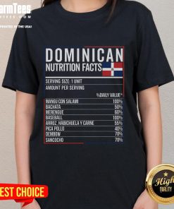 Top Dominican Nutrition Facts food graphic on a ladies tee, featuring vibrant colors and cultural elements of Repblica Dominicana.