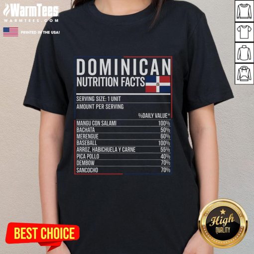 Top Dominican Nutrition Facts food graphic on a ladies tee, featuring vibrant colors and cultural elements of Repblica Dominicana.