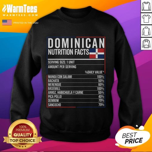 Top Dominican nutrition facts sweatshirt featuring vibrant design and Republica Dominicana graphics for food enthusiasts.