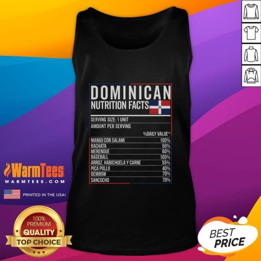 Top Dominican nutrition facts food graphic on a Republica Dominicana tank top, showcasing vibrant colors and culture.