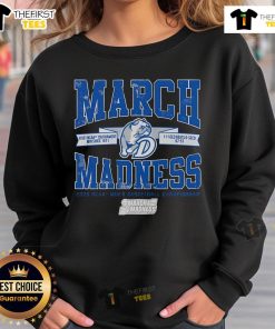 Top Drake Bulldogs Basketball Fanaticity 2025 March Madness Upset Sweatshirt featuring bold team colors and logo.