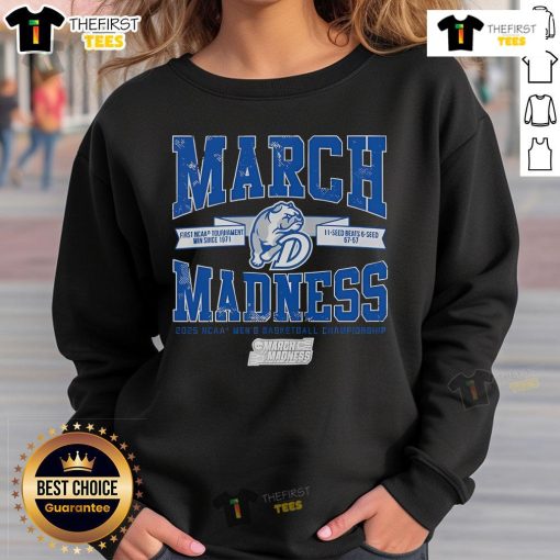 Top Drake Bulldogs Basketball Fanaticity 2025 March Madness Upset Sweatshirt featuring bold team colors and logo.