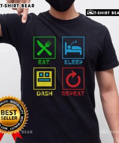 Top Eat Sleep Dash Repeat video game geometry design on a gamer T-shirt, perfect for gaming enthusiasts and fans.