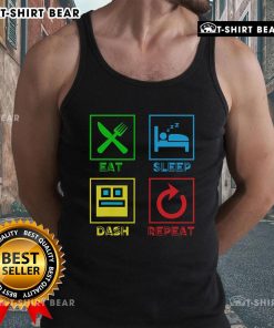 Player wearing a 'Eat Sleep Dash Repeat' tank top, showcasing passion for Geometry video games and gaming culture.