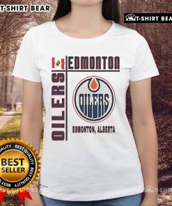Alt Text: Top Edmonton Oilers Hockey Canada Flag Ladies Tee showcasing team spirit and style for female fans.