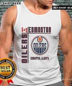 Top Edmonton Oilers Hockey tank top featuring Canada flag design, perfect for fans showing team pride.