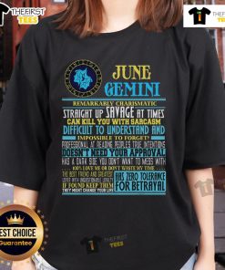 Stylish June Gemini birthday ladies tee featuring fun facts about Gemini zodiac traits and personality.