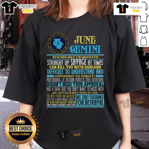 Stylish June Gemini birthday ladies tee featuring fun facts about Gemini zodiac traits and personality.