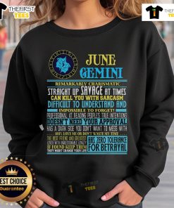 Top Gemini Facts June Gemini Birthday Sweatshirt showcasing zodiac symbols and vibrant design for astrology lovers.
