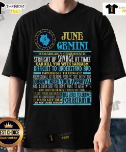 Alt Text: Top Gemini facts June Gemini birthday T-shirt featuring zodiac symbols and vibrant colors, perfect for astrology lovers.