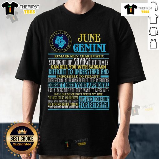 Alt Text: Top Gemini facts June Gemini birthday T-shirt featuring zodiac symbols and vibrant colors, perfect for astrology lovers.