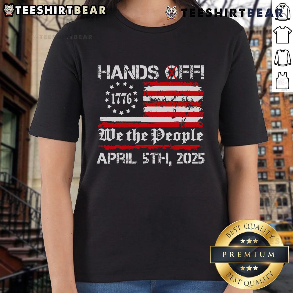 Top Hands Off Protest Saturday April 5 Usa Flag Ladies Tee Women in USA flag tees at the Hands-Off Protest on Saturday, April 5, showcasing unity and empowerment.