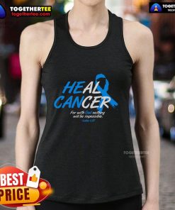 Top He Can Heal Cancer tank top featuring a blue ribbon for cancer awareness, promoting hope and support for patients.
