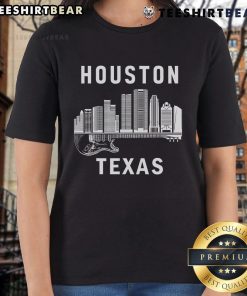 Womens tee featuring the Houston city skyline and music theme, perfect Texas souvenir for fans of Houston.