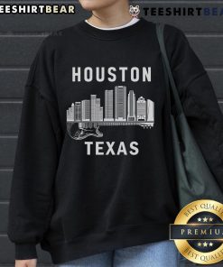 Top Houston city skyline on a Texas souvenir sweatshirt, showcasing vibrant music culture and iconic architecture.