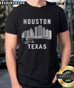 Top Houston city skyline graphic on a Texas souvenir T-shirt showcasing music and vibrant urban culture.