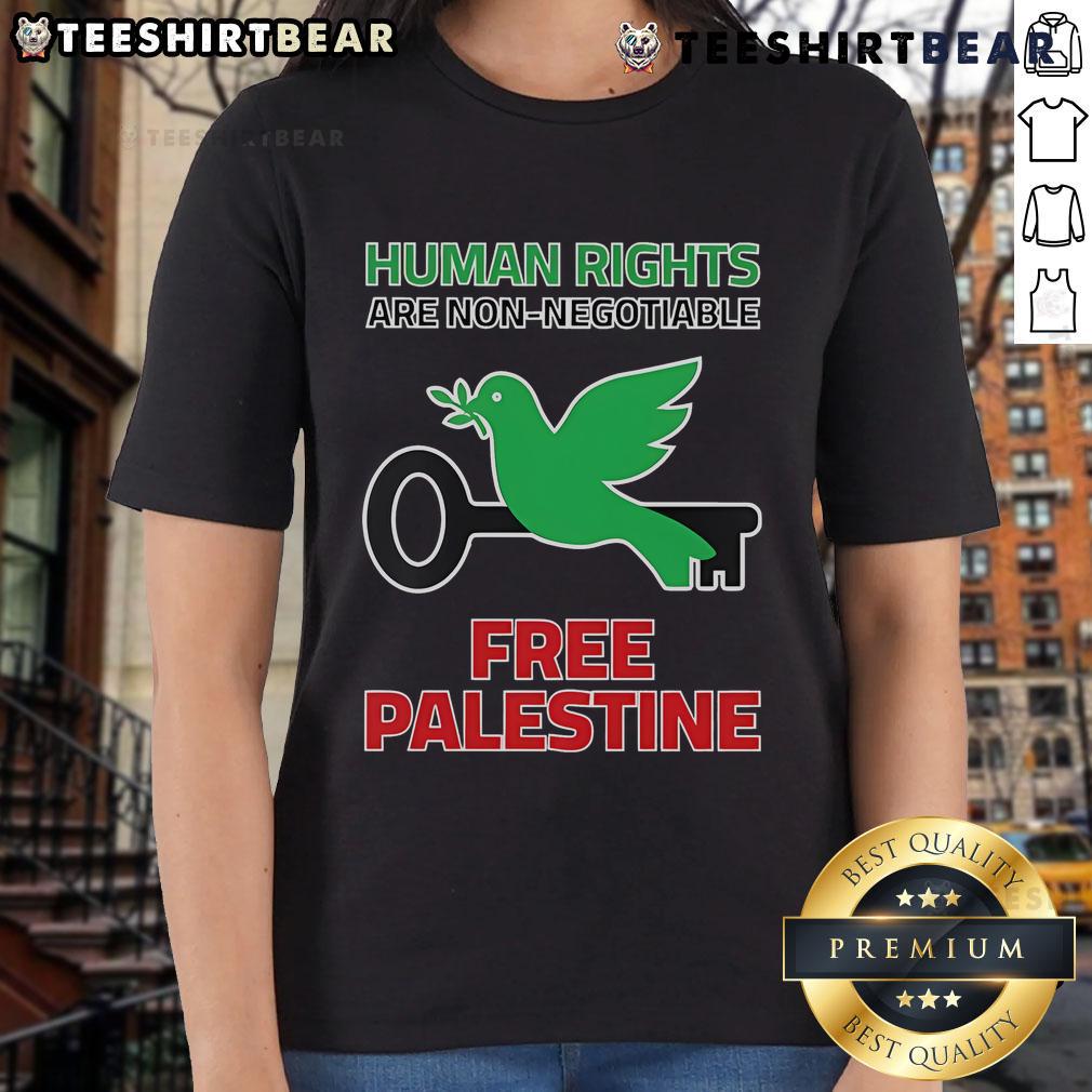 Top Human Rights Are Non Negotiable Free Palestine Ladies Tee Alt Text: Top Human Rights Are Non-Negotiable Free Palestine Ladies Tee showcasing a bold message of support for Palestinian rights.