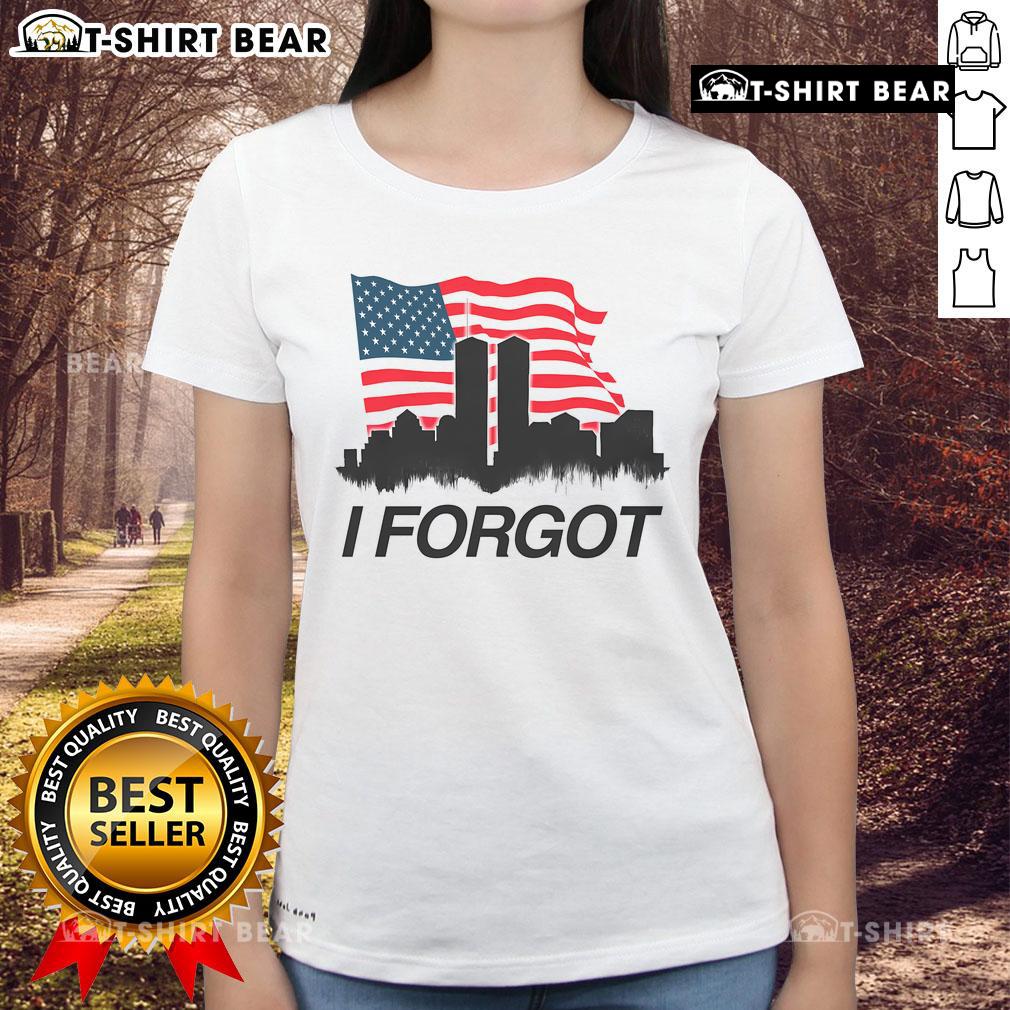 Top I Forgot Twin Towers City Sky Line America Flag Ladies Tee Stylish ladies tee featuring the Twin Towers skyline and American flag design for patriotic fashion enthusiasts.