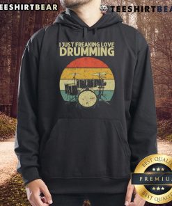 Alt Text: Retro sunset hoodie featuring a passionate drummer, perfect for music lovers who just freaking love drumming.