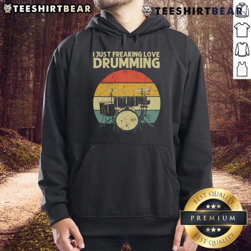 Alt Text: Retro sunset hoodie featuring a passionate drummer, perfect for music lovers who just freaking love drumming.