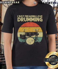 Retro sunset graphic on a ladies tee featuring 'I Just Freaking Love Drumming' for passionate drummers and music lovers.