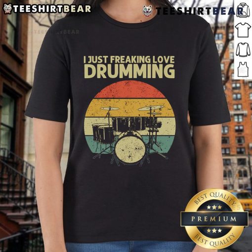 Retro sunset graphic on a ladies tee featuring 'I Just Freaking Love Drumming' for passionate drummers and music lovers.