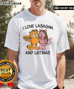 Alt Text: Top I Love Lasagna And Latinas Garfield T-Shirt featuring a playful graphic of Garfield enjoying lasagna.