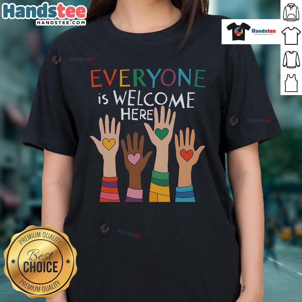 Top Idaho Teacher Everyone Is Welcome Here Ladies Tee Top Idaho Teacher 'Everyone Is Welcome Here' Ladies Tee showcasing a vibrant design for educators and supporters.