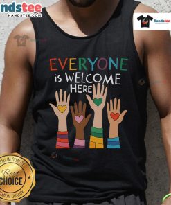 Top Idaho teacher wearing 'Everyone Is Welcome Here' tank top, promoting inclusivity in the classroom and community.