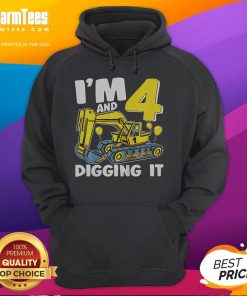Child wearing a 'Digging It' excavator hoodie for a 4th birthday celebration, featuring a colorful construction design.