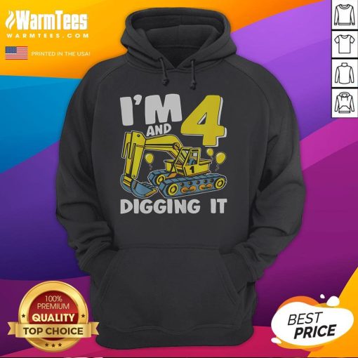 Child wearing a 'Digging It' excavator hoodie for a 4th birthday celebration, featuring a colorful construction design.