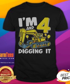 Alt Text: Cute 4th birthday excavator t-shirt for kids, featuring 'Top Im 4 And Digging It' design, perfect for celebration.