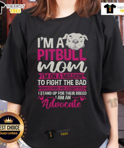 Pitbull mom in ladies tee promoting advocacy against stereotypes and bad reputations for pitbulls.