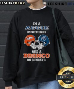 Cozy sweatshirt featuring 'Top I'm a Uggie on Saturdays and a Bronco on Sundays' design, perfect for sports fans.