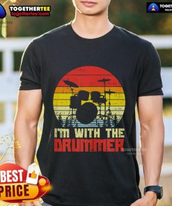 Alt Text: Retro sunset t-shirt featuring 'I'M With The Drummer' design, perfect for drum enthusiasts and music lovers.