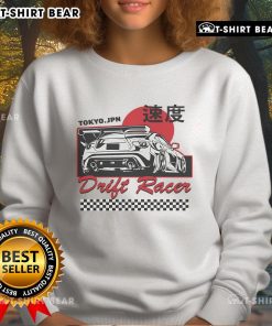Top JDM Tokyo Japan drift race car tuning retro vintage sweatshirt design featuring iconic racing graphics and vibrant colors.