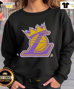 Alt Text: Stylish Top King Los Angeles Lakers logo sweatshirt in purple and gold, perfect for fans and streetwear enthusiasts.