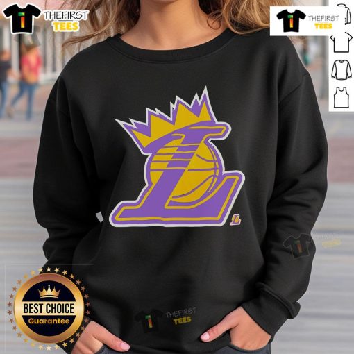 Alt Text: Stylish Top King Los Angeles Lakers logo sweatshirt in purple and gold, perfect for fans and streetwear enthusiasts.