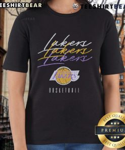 Alt Text: Stylish Los Angeles Lakers Hardwood Classics Triple Stack Ladies Tee featuring vibrant team colors and logo.