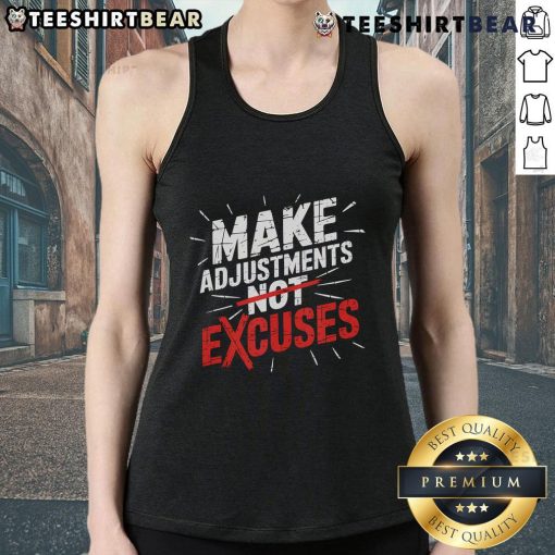 Motivational hustle and discipline tank top featuring 'Make Adjustments, Not Excuses' slogan for fitness enthusiasts.