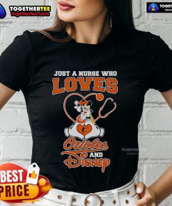 Top Mickey Mouse Just A Nurse Who Loves Orioles and Disney Ladies Tee featuring vibrant graphics and playful design.