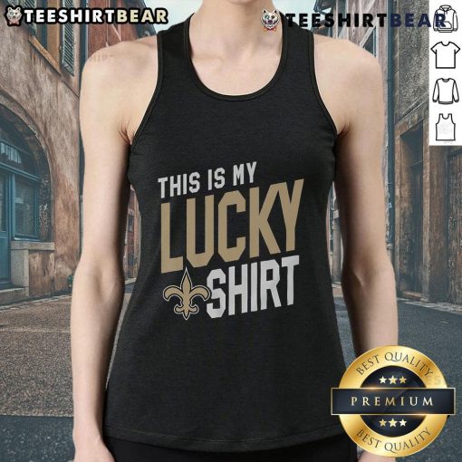 Alt Text: Stylish 'This Is My Lucky Tank Top' featuring New Orleans Saints logo, perfect for game day and fan apparel.