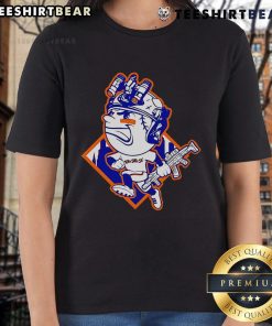 Alt Text: Top New York Mets Mr. Met mascot in a soldier's helmet on a stylish ladies tee, perfect for fans.