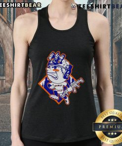 Top New York Mets Mr. Met mascot wearing a soldier's helmet on a stylish tank top, perfect for baseball fans.