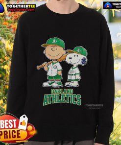 Alt Text: Charlie Brown and Snoopy baseball cartoon on a Top Oakland Athletics fan sweatshirt, perfect for sports enthusiasts.