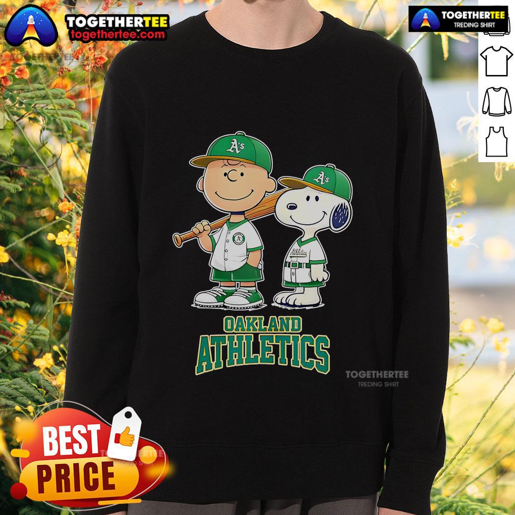 Top Oakland Athletics Charlie Brown And Snoopy Baseball Cartoon Fan Sweatshirt Alt Text: Charlie Brown and Snoopy baseball cartoon on a Top Oakland Athletics fan sweatshirt, perfect for sports enthusiasts.