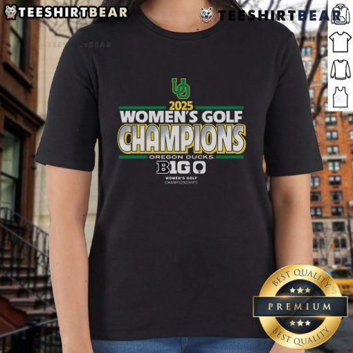 Alt Text: Oregon Ducks 2025 Big Ten Women's Golf Champions celebrating at the ladies tee on the golf course.